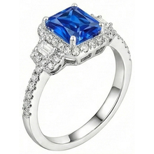 Afbeelding in Gallery-weergave laden, Halo Diamond Ring 3 stenen stijl blauwe saffier met accenten 4,50 karaat