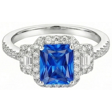 Afbeelding in Gallery-weergave laden, Halo Diamond Ring 3 stenen stijl blauwe saffier met accenten 4,50 karaat