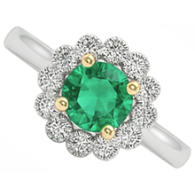 Afbeelding in Gallery-weergave laden, Colombiaanse Smaragd Rond Briljant Gekleurde Steen Ring in Bicolor 14K Goud – zijaanzicht