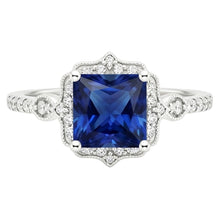 Afbeelding in Gallery-weergave laden, Halo Ring met Natuurlijke uit de aarde gewonnen Diamant Vintage Stijl Ceylon Saffier Prinsesslijpsel 6 Karaat