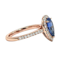 Afbeelding in Gallery-weergave laden, Halo Pear Natuurlijke Blauwe Saffier Ring 14K Rose Goud 3 Karaats Diamanten