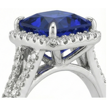 Afbeelding in Gallery-weergave laden, Halo Ring met Blauwe Saffier en Natuurlijke uit de aarde gewonnen Diamant 6.5 Karaat Princess met Accent