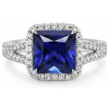Afbeelding in Gallery-weergave laden, Halo Ring met Blauwe Saffier en Natuurlijke uit de aarde gewonnen Diamant 6.5 Karaat Princess met Accent