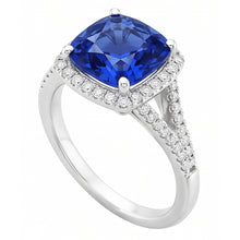 Afbeelding in Gallery-weergave laden, Halo Ring Kussen Sri Lankaanse Saffier 4 Karaat Split Shank Sieraden