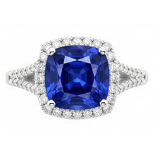 Afbeelding in Gallery-weergave laden, Halo Ring Kussen Sri Lankaanse Saffier 4 Karaat Split Shank Sieraden
