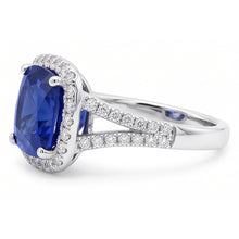 Afbeelding in Gallery-weergave laden, Halo Ring Kussen Sri Lankaanse Saffier 4 Karaat Split Shank Sieraden