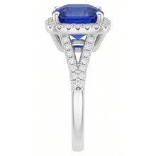 Afbeelding in Gallery-weergave laden, Halo Ring Kussen Sri Lankaanse Saffier 4 Karaat Split Shank Sieraden