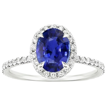 Afbeelding in Gallery-weergave laden, Halo Ring Ovaal Geslepen Ceylon Saffier & Pave Set Diamanten 4 Karaat