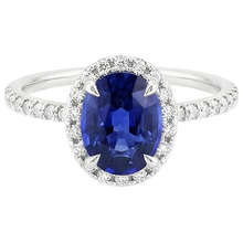 Afbeelding in Gallery-weergave laden, Halo Ring Ovaal Geslepen Ceylon Saffier & Pave Set Diamanten 4 Karaat