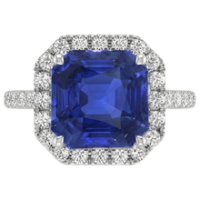 Afbeelding in Gallery-weergave laden, Halo Ronde Natuurlijke uit de aarde gewonnen Diamanten & Asscher geslepen Blauwe Saffier Ring 5.75 Karaat Nieuw