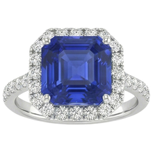 Afbeelding in Gallery-weergave laden, Halo Ronde Natuurlijke uit de aarde gewonnen Diamanten & Asscher geslepen Blauwe Saffier Ring 5.75 Karaat Nieuw
