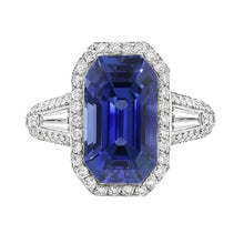 Afbeelding in Gallery-weergave laden, Halo Smaragd Saffier Ring met ronde en baguette Natuurlijke echte diamant ( niet in het laboratorium gekweekt )en 4 karaat