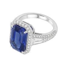 Afbeelding in Gallery-weergave laden, Halo Smaragd Saffier Ring met ronde en baguette Natuurlijke echte diamant ( niet in het laboratorium gekweekt )en 4 karaat