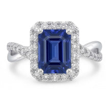 Afbeelding in Gallery-weergave laden, Halo Trouwring Smaragd Blauwe Saffier Goud Gedraaide Schacht 3,50 Karaat