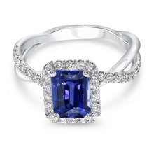 Afbeelding in Gallery-weergave laden, Halo Trouwring Smaragd Blauwe Saffier Goud Gedraaide Schacht 3,50 Karaat