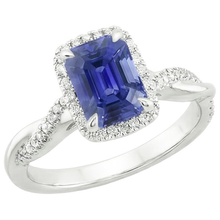 Afbeelding in Gallery-weergave laden, Halo Twist Ring-stijl smaragd Ceylon Sapphire & Diamonds 4,25 karaat