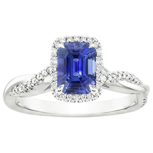 Afbeelding in Gallery-weergave laden, Halo Twist Ring-stijl smaragd Ceylon Sapphire & Diamonds 4,25 karaat