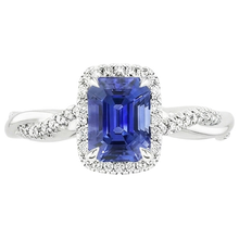 Afbeelding in Gallery-weergave laden, Halo Twist Ring-stijl smaragd Ceylon Sapphire & Diamonds 4,25 karaat