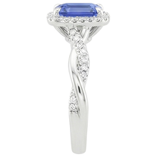 Afbeelding in Gallery-weergave laden, Halo Twist Ring-stijl smaragd Ceylon Sapphire & Diamonds 4,25 karaat