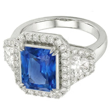 Afbeelding in Gallery-weergave laden, Halo bezel set blauwe saffier ring 4.50 karaat trapezium & ronde Natuurlijke echte diamant ( niet...