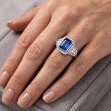 Afbeelding in Gallery-weergave laden, Halo bezel set blauwe saffier ring 4.50 karaat trapezium & ronde Natuurlijke echte diamant ( niet...