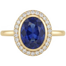 Afbeelding in Gallery-weergave laden, Halo ovale ring met blauwe saffier en Natuurlijke echte diamant ( niet in het laboratorium gekweekt )en 3 karaat goud