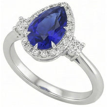 Afbeelding in Gallery-weergave laden, Halo 3 Stenen Ring Peer Ceylon Saffier & Diamanten 5 Karaat