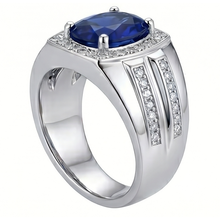 Afbeelding in Gallery-weergave laden, Heren Halo Ring 4 Karaat Ovale Diamant & Blauwe Saffier Sieraden 14K Goud