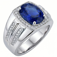 Afbeelding in Gallery-weergave laden, Heren Halo Ring 4 Karaat Ovale Diamant & Blauwe Saffier Sieraden 14K Goud