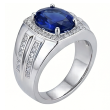 Afbeelding in Gallery-weergave laden, Heren Halo Ring 4 Karaat Ovale Diamant & Blauwe Saffier Sieraden 14K Goud