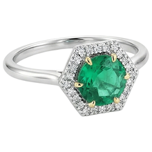Afbeelding in Gallery-weergave laden, Colombiaanse Smaragd Rond Briljant Sieraadsteen Ring in Bicolor 14K Goud – profielaanzicht