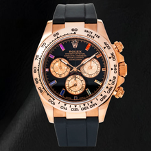 Afbeelding in Gallery-weergave laden, Rolex Cosmograph Daytona 116515LN 40 mm Zwarte Diamanten Wijzerplaat met Regenboog Uurmarkeringen Zwarte Oysterflex-band