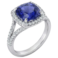 Afbeelding in Gallery-weergave laden, Kussen Tanzaniet Halo Edelsteen Ring 6,50 karaat gespleten schacht