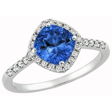 Afbeelding in Gallery-weergave laden, Kussen geslepen blauwe saffier & ronde Natuurlijke echte diamanten ( niet in een laboratorium gekweekt ) ring 3 ct. Wit goud 14K