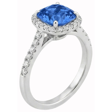 Afbeelding in Gallery-weergave laden, Kussen geslepen blauwe saffier & ronde Natuurlijke echte diamanten ( niet in een laboratorium gekweekt ) ring 3 ct. Wit goud 14K