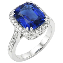 Afbeelding in Gallery-weergave laden, Ring met blauwe saffier (kussen- en ronde slijpvorm), 4.55 karaat natuurlijke uit de aarde gewonnen diamanten, 14K WG