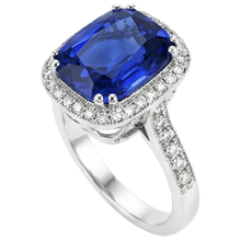 Afbeelding in Gallery-weergave laden, Ring met blauwe saffier (kussen- en ronde slijpvorm), 4.55 karaat natuurlijke uit de aarde gewonnen diamanten, 14K WG