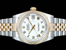 Afbeelding in Gallery-weergave laden, Middelgroot Rolex roestvrij staal 31 mm tweekleurig armbandhorloge met witte Romeinse wijzerplaat
