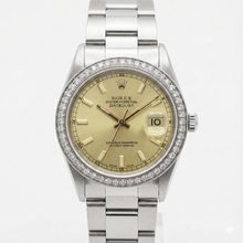 Afbeelding in Gallery-weergave laden, Middelgrote Rolex Stok-wijzerplaat van roestvrij staal met Oester-band en diamanten rand