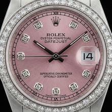 Afbeelding in Gallery-weergave laden, Middelgrote Rolex roestvrij staal Jubileum Armband Datumjust Horloge Roze Diamant Wijzerplaat Lunette
