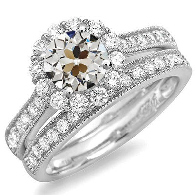 Milligrain Halo Verlovingsring set Rond oude Mijnwerker Echt Diamant 4,50 Karaat