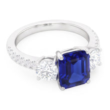 Afbeelding in Gallery-weergave laden, Natuurlijke Echte (Niet Labgekweekt) Smaragd Blauwe Saffier Drie Steens Stijl Ring met Accenten 7 Karaat Goud 14K