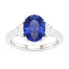 Afbeelding in Gallery-weergave laden, Natuurlijke (niet labgekweekte) Drie Steen Stijl Ring Ovale Blauwe Saffier 6.75 Karaat Echt Witgoud
