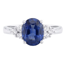 Afbeelding in Gallery-weergave laden, Ovaal geslepen Ceylon saffier en ronde Natuurlijke echte diamanten ( niet in een laboratorium gekweekt ) verlovingsring 3.40 Ct