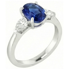 Afbeelding in Gallery-weergave laden, Ovale Ceylon Saffier En Peer Diamant Drie Steen Ring Goud 14K 3 Ct
