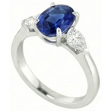 Afbeelding in Gallery-weergave laden, Ovale Ceylon Saffier En Peer Diamant Drie Steen Ring Goud 14K 3 Ct
