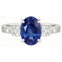 Afbeelding in Gallery-weergave laden, Ovale Ceylon Saffier En Peer Diamant Drie Steen Ring Goud 14K 3 Ct