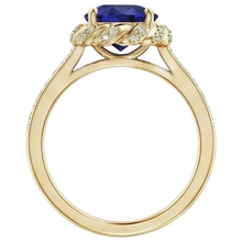 Afbeelding in Gallery-weergave laden, Ovale Halo Edelsteen Ring Blauwe Saffier Pavé Natuurlijke uit de aarde gewonnen Diamant Geelgoud 7 Karaat