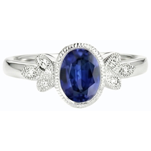 Afbeelding in Gallery-weergave laden, Ovale Natuurlijke echte diamant ( niet in het laboratorium gekweekt )en ring bezel set blauwe saffier 3 karaat antieke stijl goud