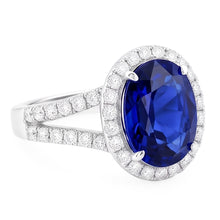 Afbeelding in Gallery-weergave laden, Ovale Sapphire Halo Trouwring Set Pave Split Shank 5 Karaat Goud